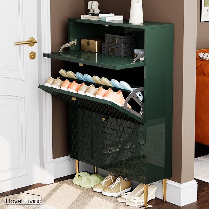 Boyel Living Modern 3 Flip Drawers Free Standing Shoe Racks,Shoes Cabinet with Brass Knobs and Legs, 24 Pair for Entryway (Green)