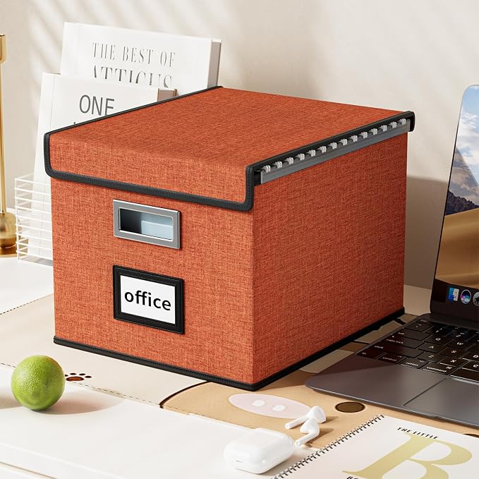 File Organizer Box with Lids, Collapsible File Folder Organizer | File Box with Plastic Slides for Document, Filing Bin for Letter Size Hanging File Folders (1 Pack, Reddish Organge)