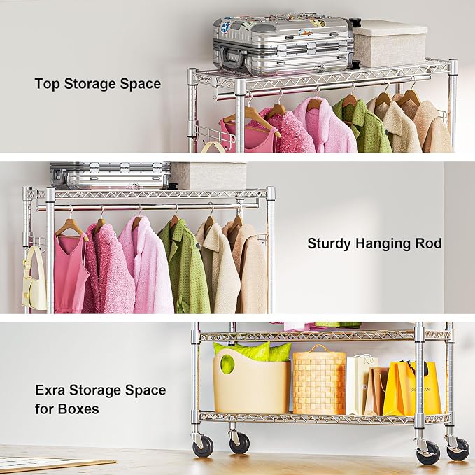 M MZG Heavy Duty Rolling Garment Rack 3 Tiers Adjustable Wire Shelving Clothes Rack with 1 Rods and Side Hooks,Storage Closet Clothing Rack with Wheels Chrome 15.7" D x 45.3" W x 75.6" H