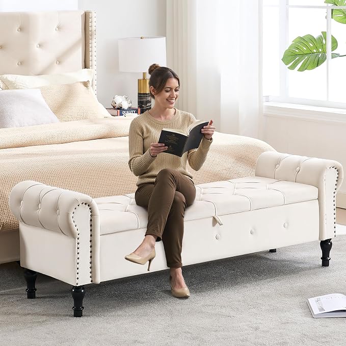 Storage Bench 67" Velvet End of Bed Benches Cream Beige | King Size Storage Bench for Bedroom with Rolled Arms Tufted Ottoman Benches Upholstered Bench for Living Room Entryway