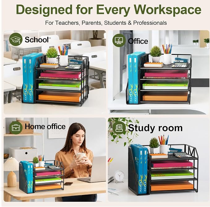 4-Tier Paper File Organizer with Bookend, Metal Desk Organizer, Tiered Paper Tray for Letter/A4 Files, Desktop Office Supplies Storage Rack for Home Office, Classroom, School & Work, Black