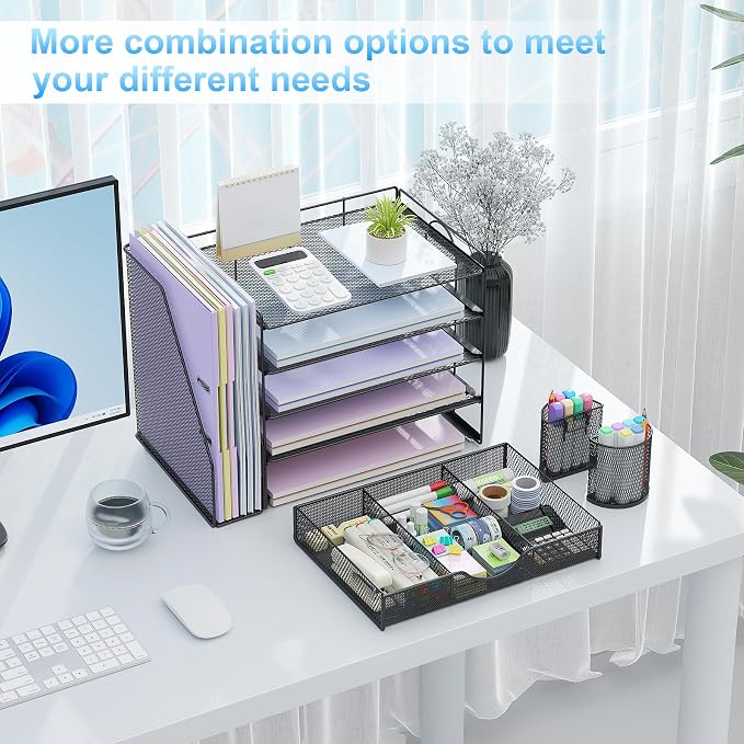 gianotter 5-Tier Desk Organizer with Drawers and File Holders | Letter Trays and Pen Holders - Workspace Accessories for Office Supplies (Black)