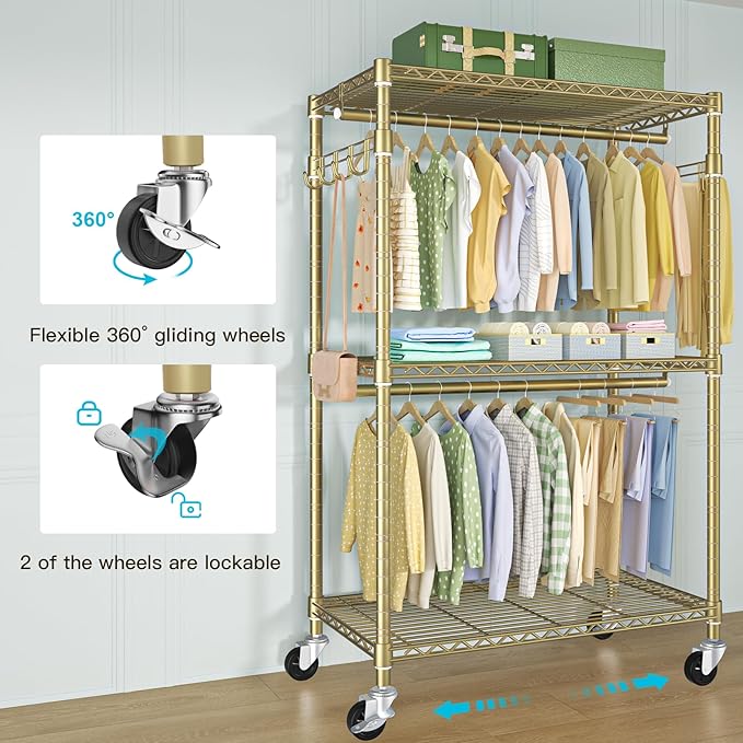FUTASSI P1 Rolling Clothes Rack, Metal Garment Closet Organizer with Wheels | Portable Clothing Wardrobe with Double Hanger Rods and Hooks, 35.4"W x 15.7"D x 80.5"H, Load 450lbs, Gold