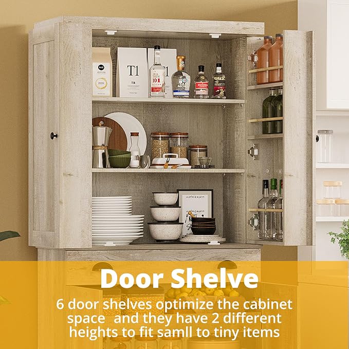 IRONCK Kitchen Pantry Cabinet 72" Height, Freestanding Cupboard with Drawer, Sliding Storage Rack, and 6 Hanging Shelves for Dining Room, Laundry, Rustic Maple