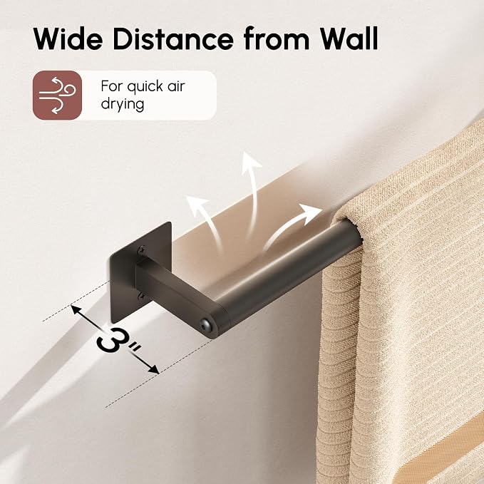 USHOWER Matte Black Towel Bar, 24 Inch Towel Racks for Bathroom | Heavy Duty Stainless Steel Towel Holder Wall Mounted, Easy Installation (Total Length 26 Inch)