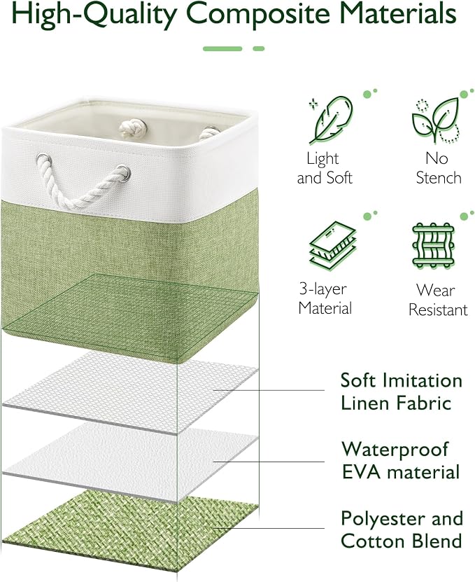 Patvingot 11-Inch Fabric Cube Storage Bins with Handles,4 Pack,Foldable | For cube shelves and closets,keeps grouped for everyday access,reinforced opening and fold-flat storage,white and green