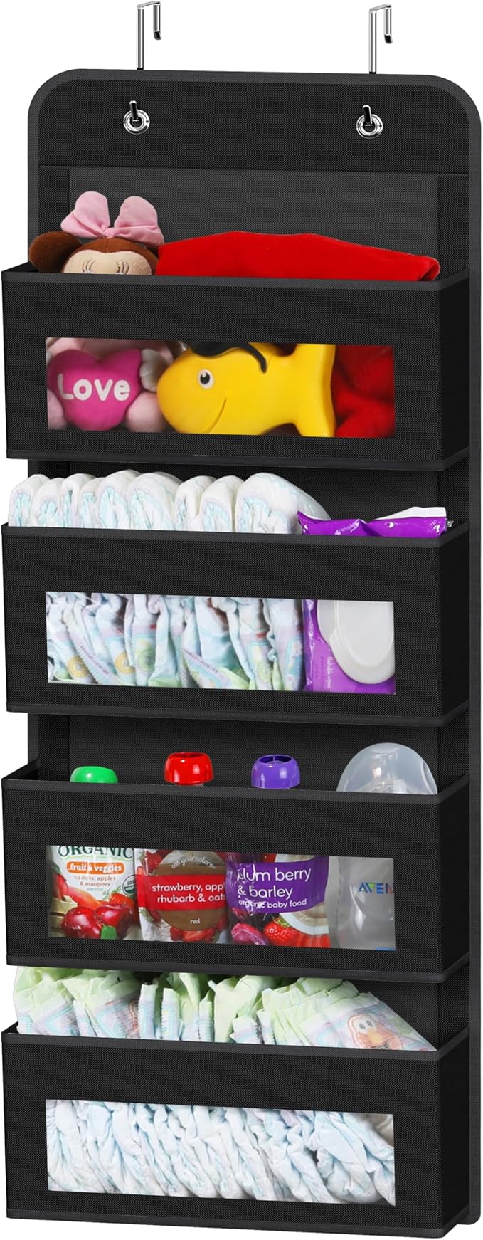 Simple Houseware 4 Clear Window Pocket Over Door Hanging Organizer, Black | Over the Door Storage for Closet, Bedroom, Bathroom, Pantry