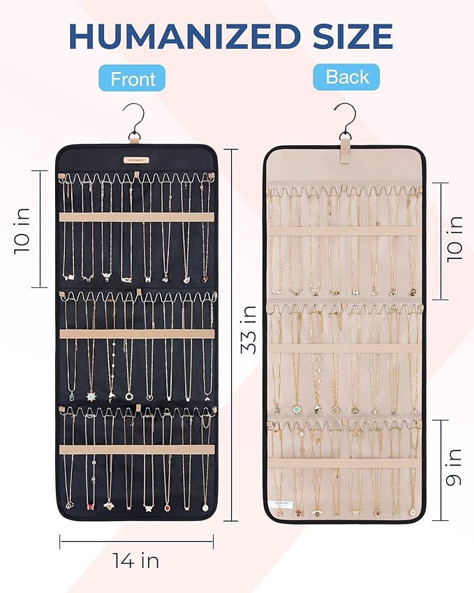 BAGSMART Hanging Necklaces Organizer Jewelry Holder, 1 piece, Large Black | Hanging Necklaces Organizer with Hanger Metal Hooks Double-Sided Jewelry Storage for ,Bracelets on Closet,Wall,Door