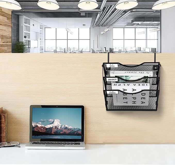 BOHDK Wall File Organizer 3 Pockets, Mail Organizer, Hanging Folder Holder, Foldable | Hanging or Wall Mounted | Label Panel | 2 Hooks | Office Home School Organizer, Black