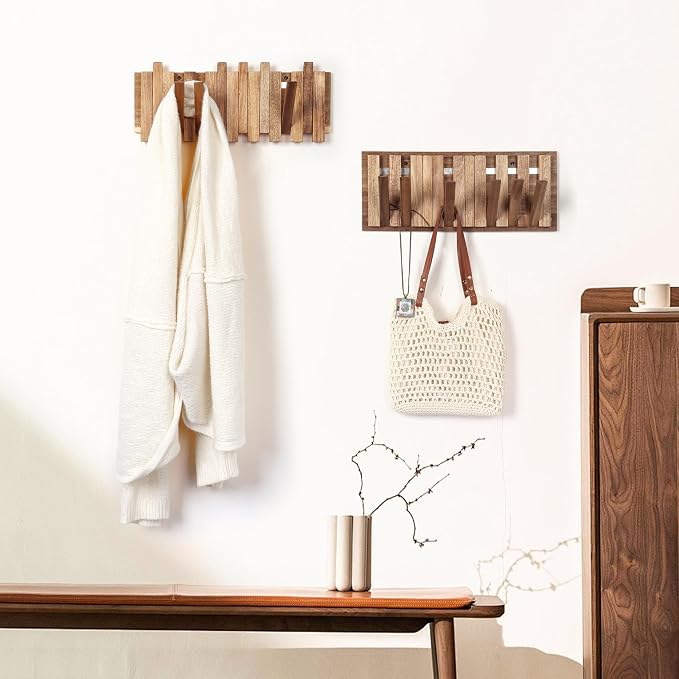 Wall Coat Rack for Entryway: Folding Wood Rustic 8 Hooks | 16.5inch Piano Hanger for Small Space Bathroom Hallway for Towel Backpack Jacket - Farmhouse Design Decor (Neat Style)