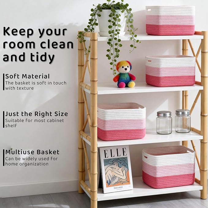 4 Pack Storage Baskets for Organizing, 11''Lx9''Wx8''H Woven Baskets for Storage Toys, Towels, Books, and Clothes, Cotton Rope Basket for Shelves with Handle