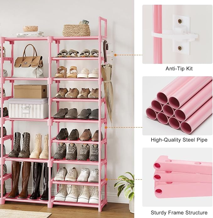 WOWLIVE 9 Tier 3-Column Shoe Rack, 50-55 Pairs Stackable Pink | 50in long for larger entryways. Removable shelves fit tall boots. Split into multiple units for garage/closet.