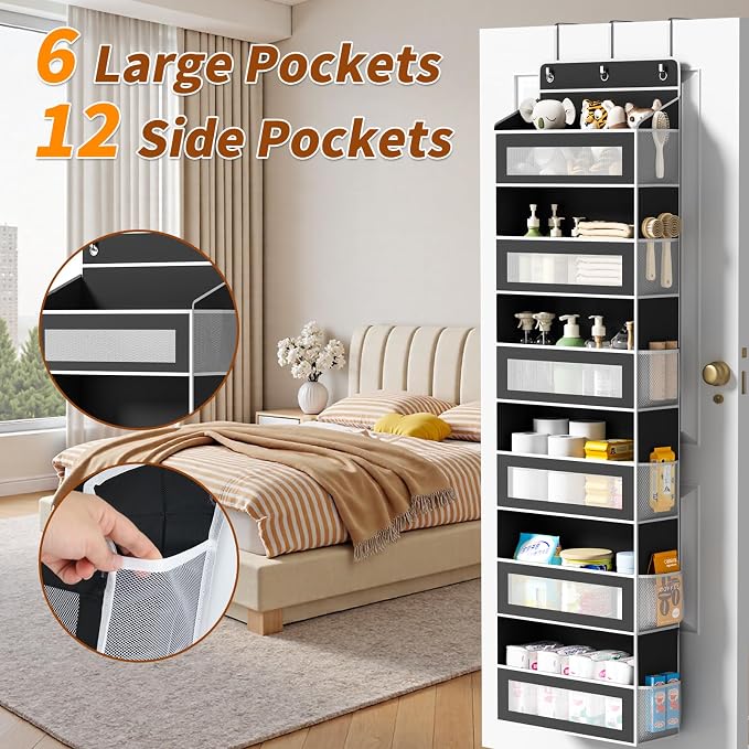 AQOOA 6-Tier Over The Door Organizer 44 lbs Capacity fit Standard Doors | Over the Door Storage 6 Large 12 Side Pockets Behind Door Storage, Closet Door Organizer Hanging Shelf, Black