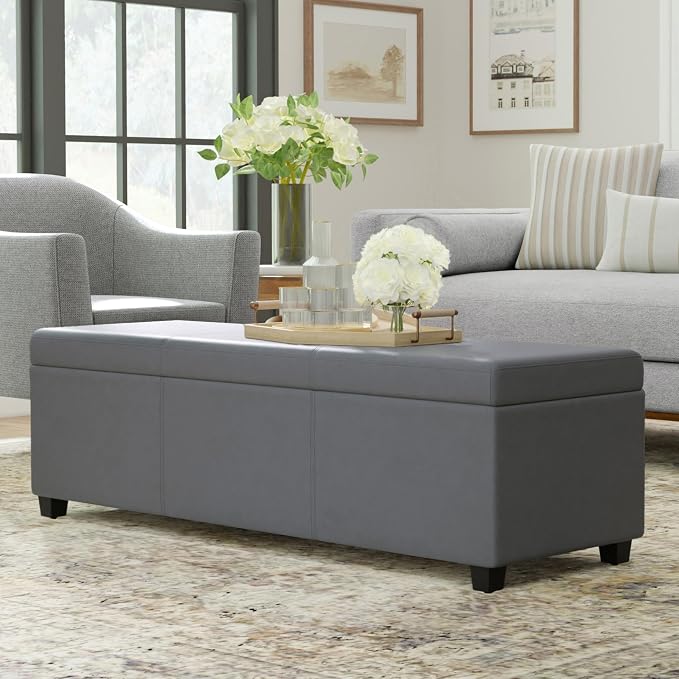 SIMPLIHOME Avalon 60" Wide Fabric Storage Ottoman in Midnight Black | Contemporary lift-top ottoman with high-density foam; rectangle storage bench or coffee table for living room or entryway.