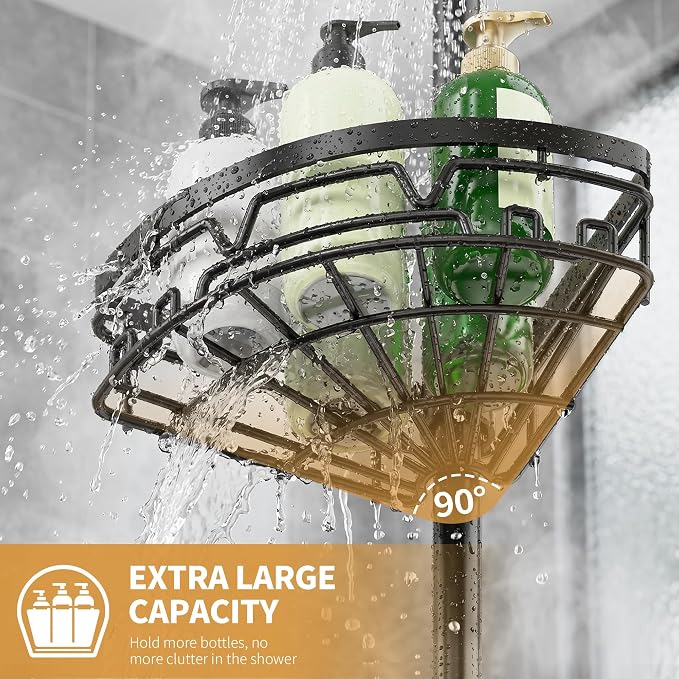 DAOYA Tension Pole Shower Caddy with Towel Bar - Corner Shower Caddy, Black | Tension Rod Shower Caddy, 4-Tier, 12 Side Hooks, Adjustable, Floor to Ceiling 25-114 Inch, For Bathroom Bathtub Living Room