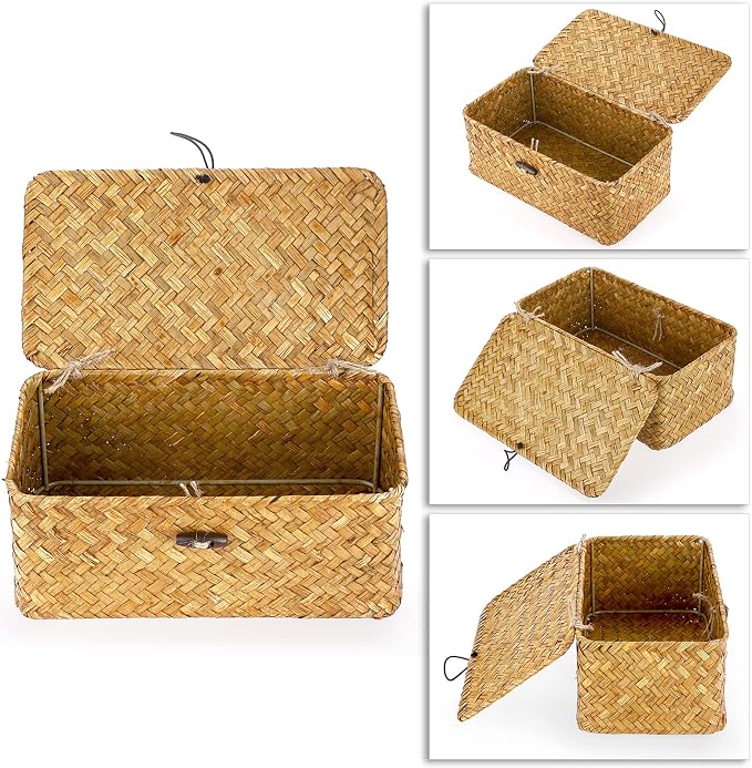 Hipiwe Wicker Shelf Baskets Bin with Lid X-Small Handwoven Basket for Shelf | Natural Seagrass Storage Box, Rectangular Household Basket Boxes for Wardrobe Home Organizer, Caramel