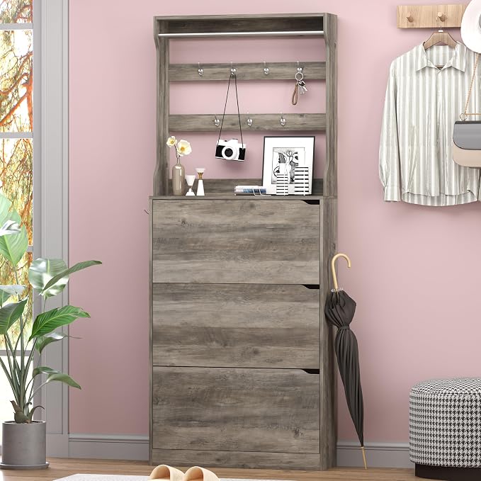 BORNOON Shoe Cabinet with 3 Flip Drawers & Coat Rack, Narrow Hidden Shoe Storage Cabinet, 2-in-1 Hall Tree Slim Freestanding Shoe Rack Organizer for Entryway, Hallway, and Living Room