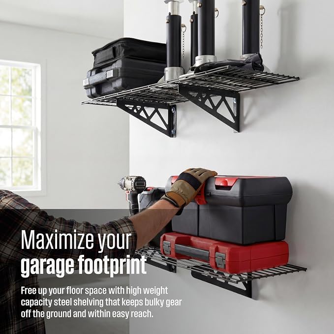SafeRacks Steel Garage Wall Shelves 2-Pk w/Hooks, 300lb, Hammertone (12x36)