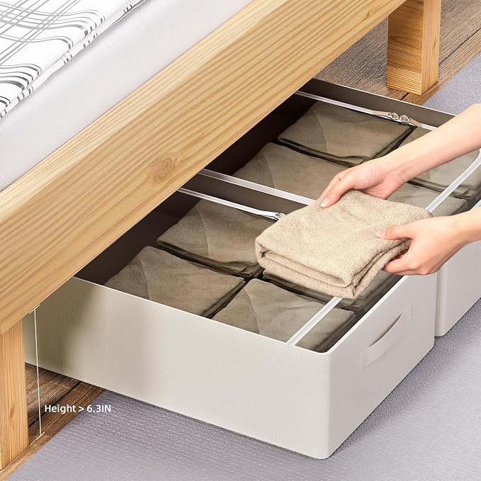 CYhom 3Pcs Under Bed Storage Bins with Metal Frame - Shoe Organizer for Closet with Clear Cover Oxford Fabric Sturdy Underbed Container Foldable Stackable Clothes Organizer (Beige, 23.5x19.7x6.3)