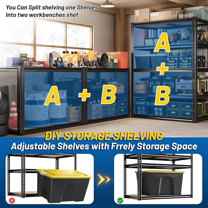 ROOMFAVE 72" H Storage Shelves 5 Tier Garage Shelving Heavy Duty,2050LBS Adjustable Metal Shelving Unit, Garage Shelves for Basement, Warehouse, Pantry, Closet, 72" H x 35.5" W x 16" D, Black,4PCS