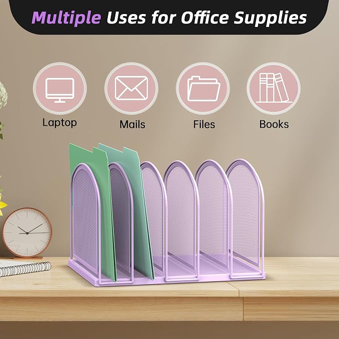 SUPEASY File Organizer 5-Section Mesh Desk Organizer, Upright File Organizer Desktop Organizer File Sorter, File Folder Holder for Office Supplies, Purple | 5 Vertical Compartments with Sturdy Metal Base for Office Documents Books Magazines and Laptop