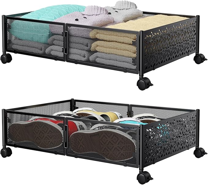 PHINOX Under Bed Stroage Container with wheels,Patterned,Metal,2 Pack,Black | Tool-free assembly, glide smoothly, easy reach, foldable, maxmazie low-profile beds, dorm, keep seasonal clothes, shoes fresh