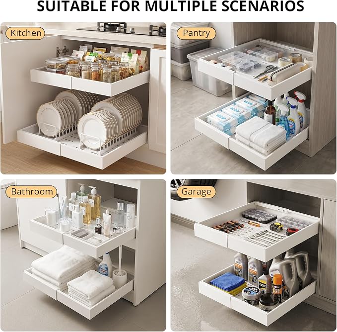 DOMNIU 4 Pack Pull Out Cabinet Organizers Expandable Width (12.4''-20.27'') | Upgrade 3 Slide Rails Sliding Drawer for Kitchen Cabinet Organizer with Adhesive Nano Film, White