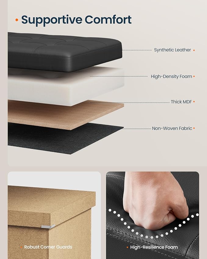 SONGMICS Home Foldable Foot Rest Stool, Storage Ottoman, Tufted Design, PU Leather, Easy Assembly and Cleaning, for Entryway, Living Room, Bedroom, 43.2 Inches, Black