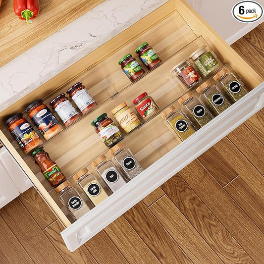 Expandable Spice Drawer Organizer Insert, 6-Pack Kitchen Adjustable Seasoning Rack Tray (13" to 26"), Clear Acrylic with Anti-Slip Mat, for Cabinet Countertop (Jars Not Included)