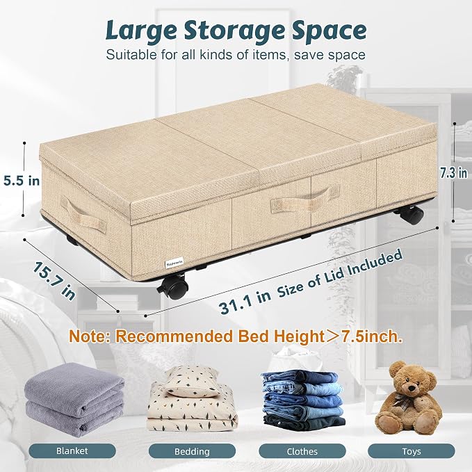 Supowin Under Bed Storage with Wheels, 2Pack Rolling Underbed Storage | 7.3 Inches Tall Under the Bed Container with Lids, Reinforced Handle, Reinforced Metal Bottom Support, 360° Rotating Wheels