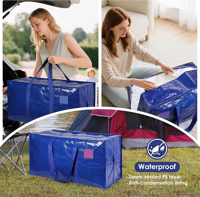 12 Pack Moving Bags with Full-Open Side Zipper, Extra Large 93L Heavy Duty Waterproof Foldable Storage Totes for College Dorm, Moving & Home Organization Blue