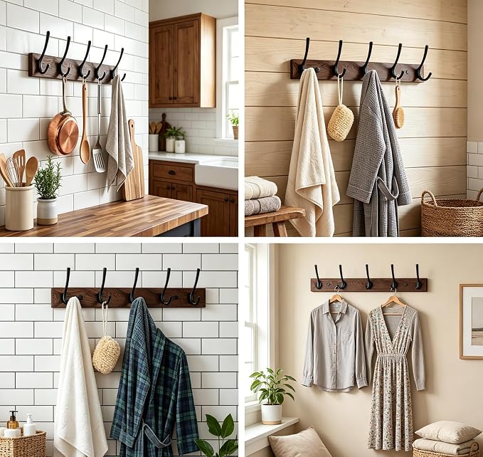 1Pack Wall Mounted Coat Rack with 5 Hooks, 15.8 Inch Wood Coat Hook | Rust-Resistant Metal Hooks, Heavy Duty Wall Hooks, Up To 45 Lb In Studs, Easy Install, For Entryway Bedroom Bathroom