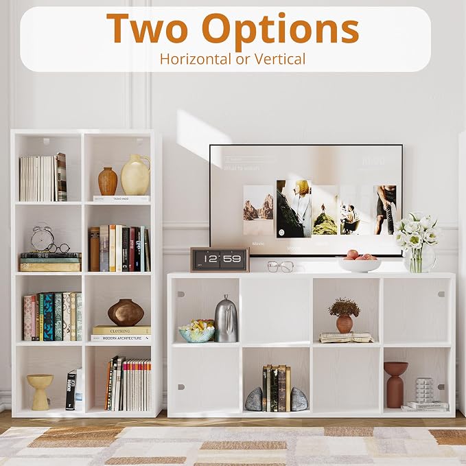 IRONCK Bookshelf, 8-Cube Storage Cube Shelf Organizer, Extra Thick Frame Horizontally & Vertically Reversible Bookcase with Open for Living Room, Bedroom, Home Office, White