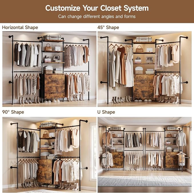 T3 Wall Mounted Industrial Pipe Closet Organizers Storage System | Metal Clothing Rack with 2 Drawers, 6 Wooden Shelves & 4 Expandable Rods, Heavy Duty Garment Rack, Wardrobe (Rustic Brown)