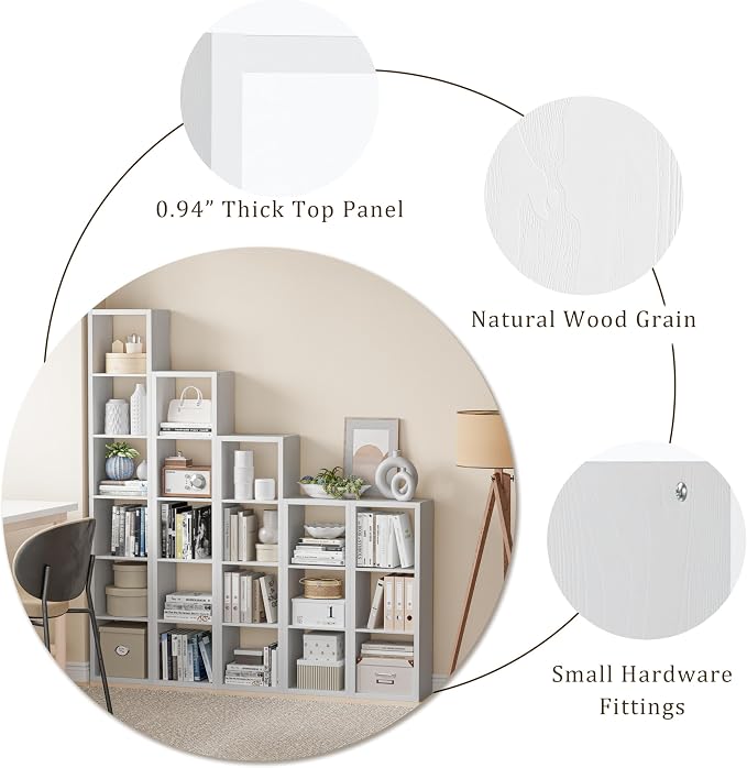 VDNEND Cube Storage Organizer Bookcase, Decorative 11 inch Open Back Cubical Shelf with Thickened Border, Display Bookshelf for Living Room, Home Office, Sturdy Room (White, 7 Cube,Standard)
