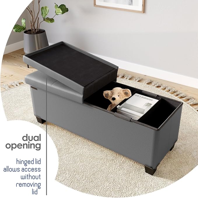 Storage Ottoman Bench with Bins, 43-in Storage Bench for Bedroom End of Bed, Folding Foot Rest Ottoman for Living Room Max 660lbs, Faux Leather Ottomans, Grey