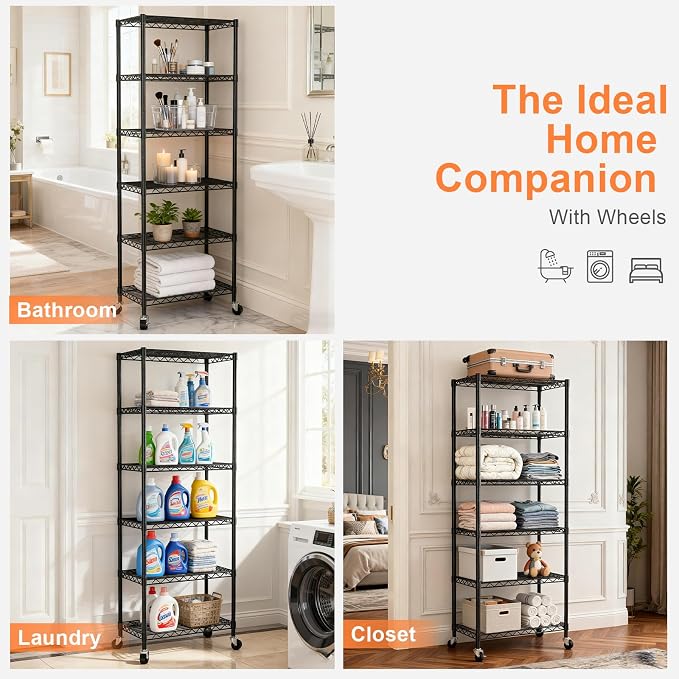 6-Tier Wire Rack Shelving,Metal Shelf Racks with Lockable Wheels, Black | 21.3" Wx11.4 Dx73 H,Height Adjustable Wire Storage Shelves for Narrow Space/Kitchen/Pantry/Laundry/Office/Closet