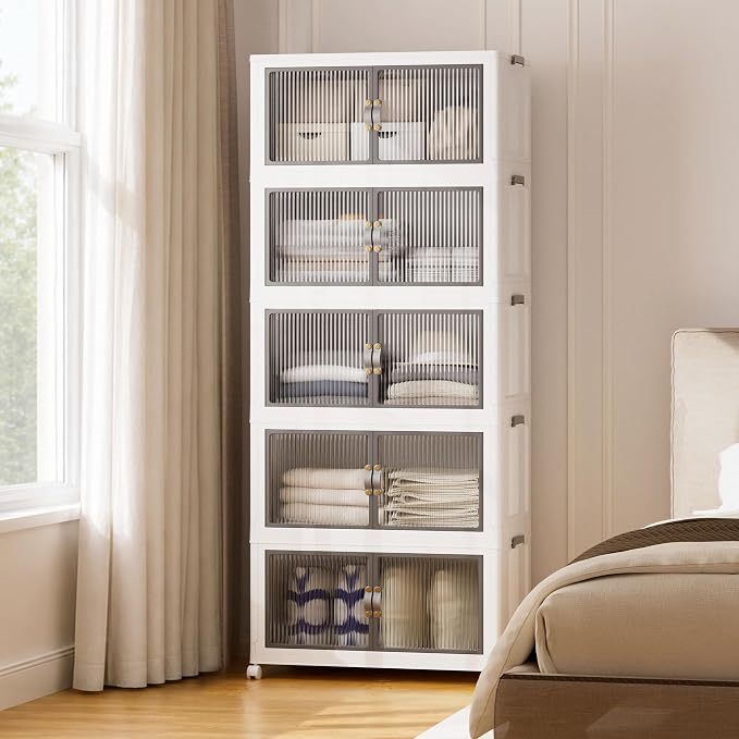 SAILUN 580Qt Stackable Storage Bins,Storage Cabinet Drawer with a Lid,White | Stackable storage drawers with lids, 26" W x 17" D x 71" H, featuring open-front access for clothes and closet storage.