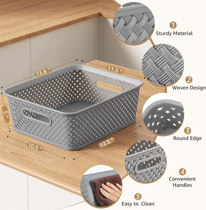 MaxGear 3 Pack Plastic Storage Baskets, Large, Grey | Durable Woven Plastic with Built-In Handles, Suitable for Shelves, Closets, Cabinets, Bathrooms and Offices