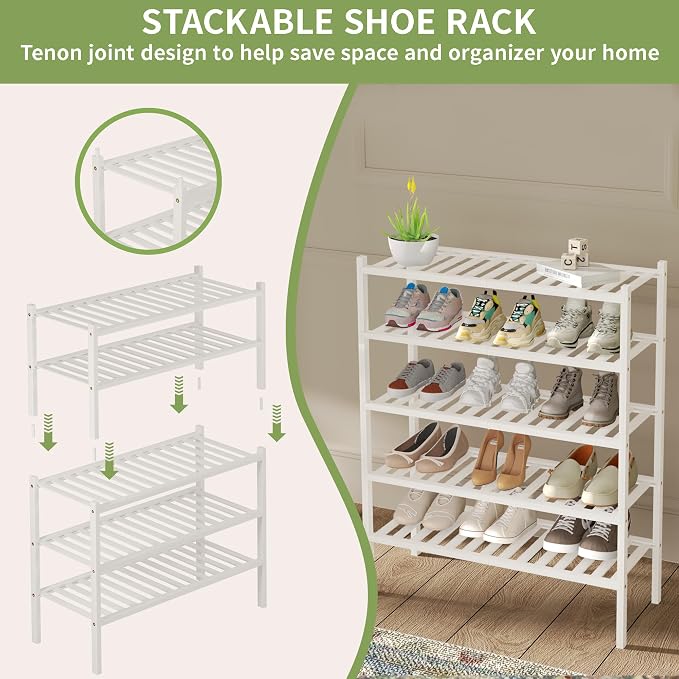 ROMGUAR CRAFT 3 Tier Bamboo Shoe Rack for Closet Free Standing Wood Shoe Shelf Storage Organizer for Entryway Small Space Stackable 27"x11"x20" (White)
