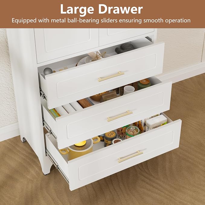Polup 75" Tall White Metal Pantry Storage Cabinet with 3 Drawers | Heavy-Duty Steel Kitchen Cabinet, 2 Adjustable Shelves & Magnetic Doors, Leveling Feet, for Dining Living Room, Laundry