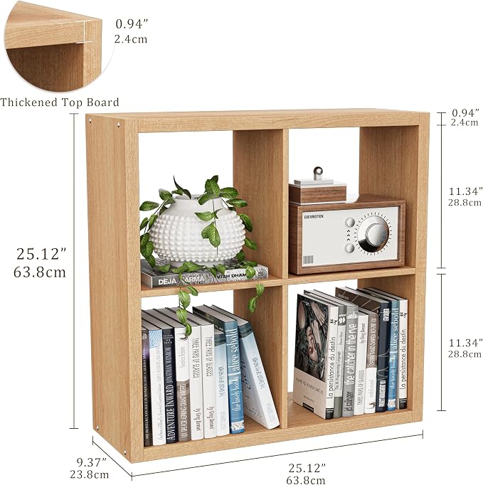 VDNEND Cube Storage Organizer Bookcase, Decorative 11 inch Open Back Cubical Shelf with Thickened Border, Display Bookshelf for Living Room, Home Office, Sturdy Room (Natural Oak, 4 Cube)