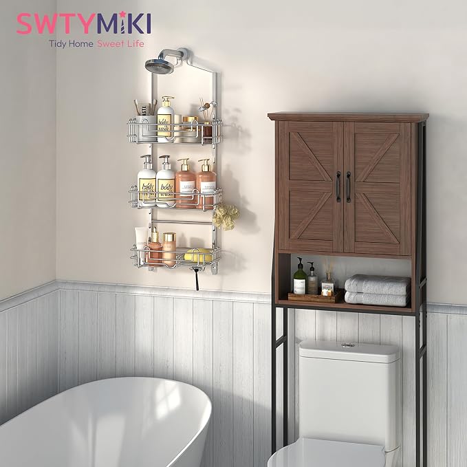 SWTYMIKI Shower Caddy Hanging Organizer - 3-Tier Rustproof Shower Organizer Over Showerhead with Adjustable Baskets, 24 Hooks, Soap & Razor Holder - No Drill Large Bathroom Storage Rack, Silver