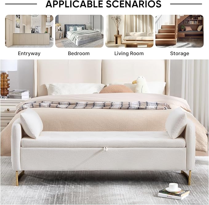 65" Storage Ottoman Bench, Storage Bench for Bedroom, End of Bed Storage Bench with Tufted Upholstered and Gold Legs, Bedroom Benches with Arms Window and Entryway, Chenille Cream
