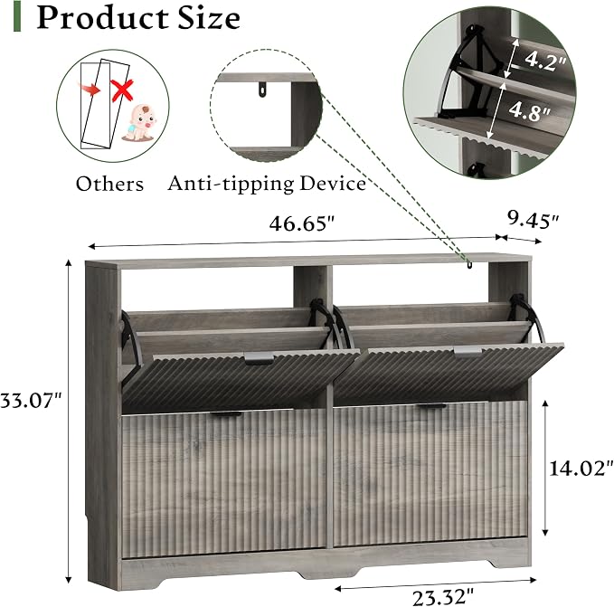 Xixini Shoe Storage Cabinet for Entryway with 4 Flip Drawers, Hidden Slim Wood Shoe Organizer with Modern Fluted Panel, Freestanding Narrow Shoe Rack for Front Door Entrance, Hallway, Foyer, Grey
