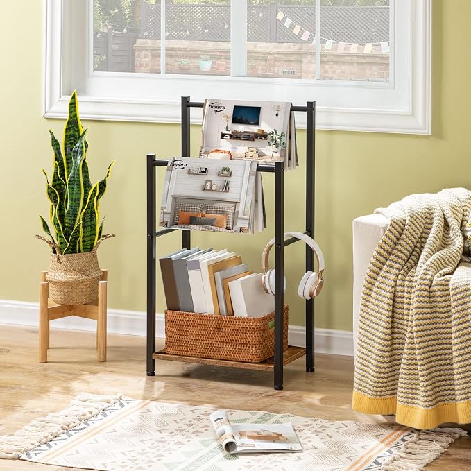 HOOBRO Free Standing Towel Rack for Bathroom, 2 Tier Blanket Rack, 16.5" L x 9.4" W x 31.5" H, Blanket Holder, Drying and Display Rack with Shelf, Rustic Brown and Black BF02LB01
