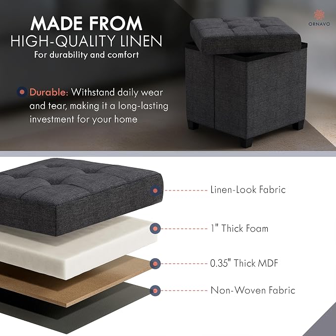 Ornavo Home Square Cube Storage Ottoman with Legs, 15x15x15, Black | Foot Rest Stool Seat; Holds Up to 600 lbs; Ideal for Living Room, Bedroom, Home Office or Dorm