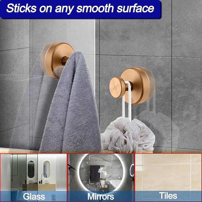 Bntuk Suction Cup Hooks for Shower, Removable Towel Hooks for Bathroom Window Glass Door Wall, Bath Robe Looafh Wreath Hook for Hanging - 4 Pack, Champagne Bronze