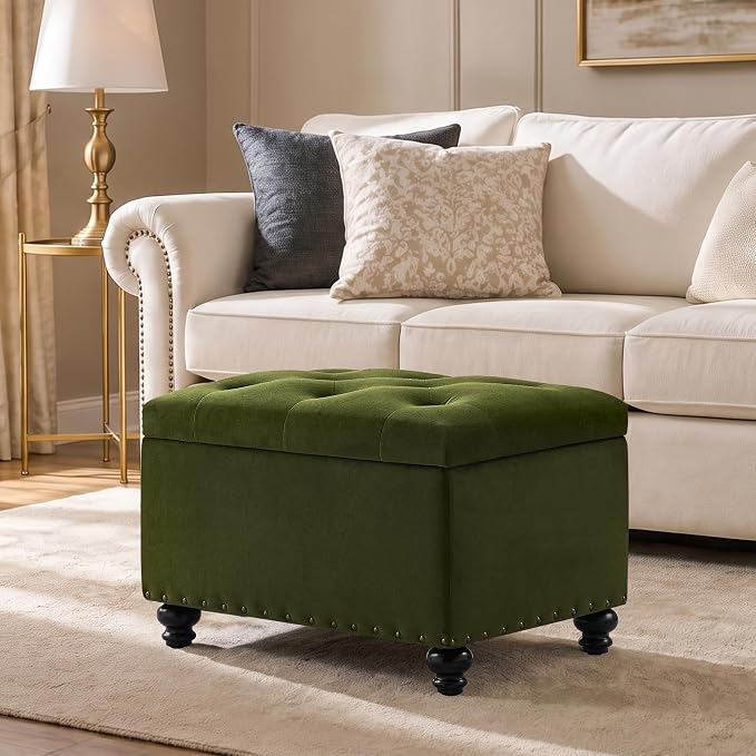 Zihanhome Velvet Storage Ottoman Bench, Button Tufted Ottoman with Hidden Storage, Upholstered Foot Rest Stool with Solid Wood Legs for Living Room, Bedroom, Entryway & Small Spaces (Olive Green)