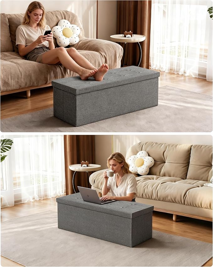 GLAXYFUR 43 Inches Folding Storage Ottoman Bench, Storage Chest, Grey | Ottoman Foot Rest, End of Bed Bench, Load 660 lb, Storage Box for Living Room, Bedroom, Entryway